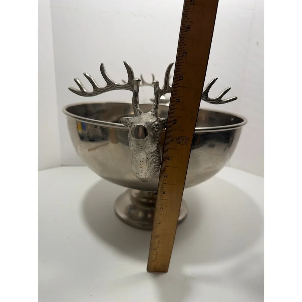 Silver Stag Head Punch Bowl Antler Handle Reindeer Ice Bucket Lodge Decor 10in‎
